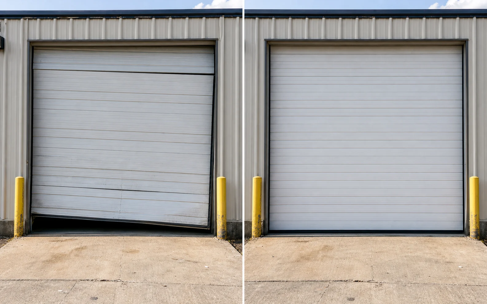 Commercial Garage Door Repair Denton TX before and after showing the same damaged commercial roll-up door restored