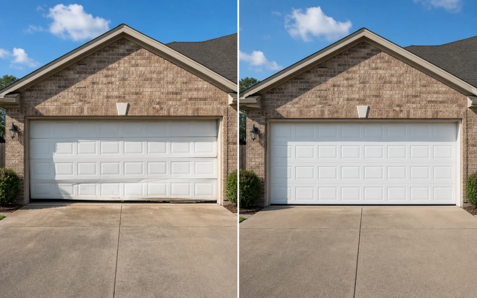 Garage door repair Denton TX before and after showing a damaged door restored at the same home