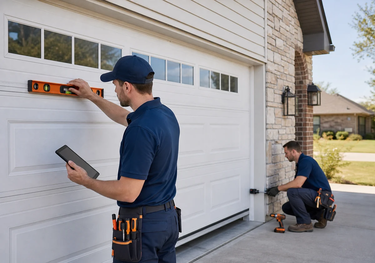 Expert garage door technician working on installation in Denton TX